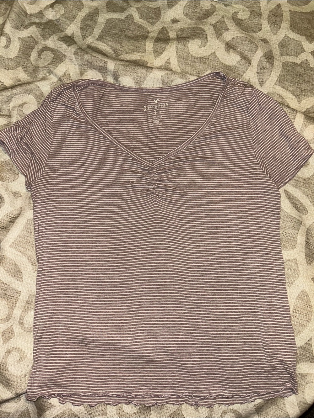 American Eagle Outfitters Lavender and White Striped V-Neck Short Sleeve Top